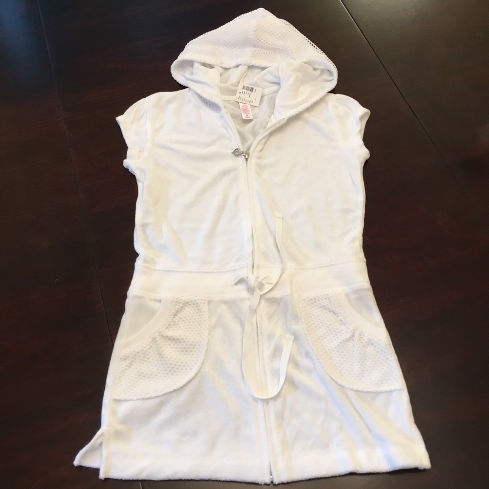 NWT Justice Girls White Zip up Hooded Swim Coverup